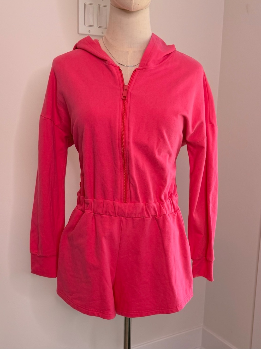 Smash + Tess Hot Pink Zip-Up Hooded Romper